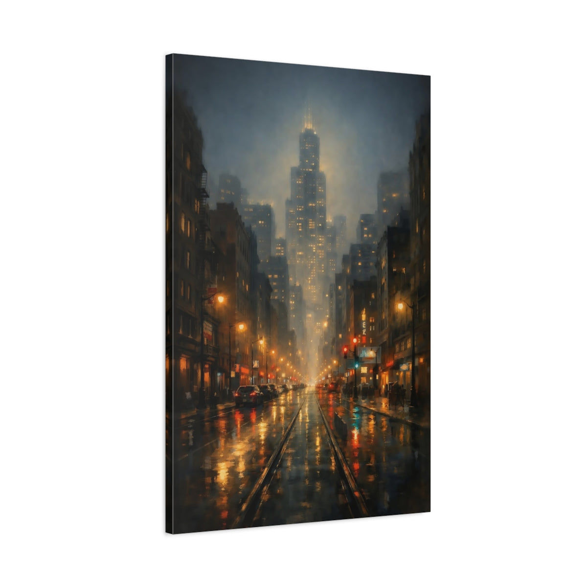 Side Mockup 1. Vintage City Street Urban Night Scene shown as stretched canvas wall art