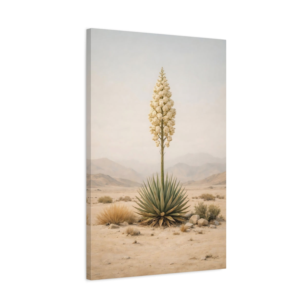 Side Mockup 2. Nature Yucca Plant Beige Desert Yucca shown as stretched canvas wall art