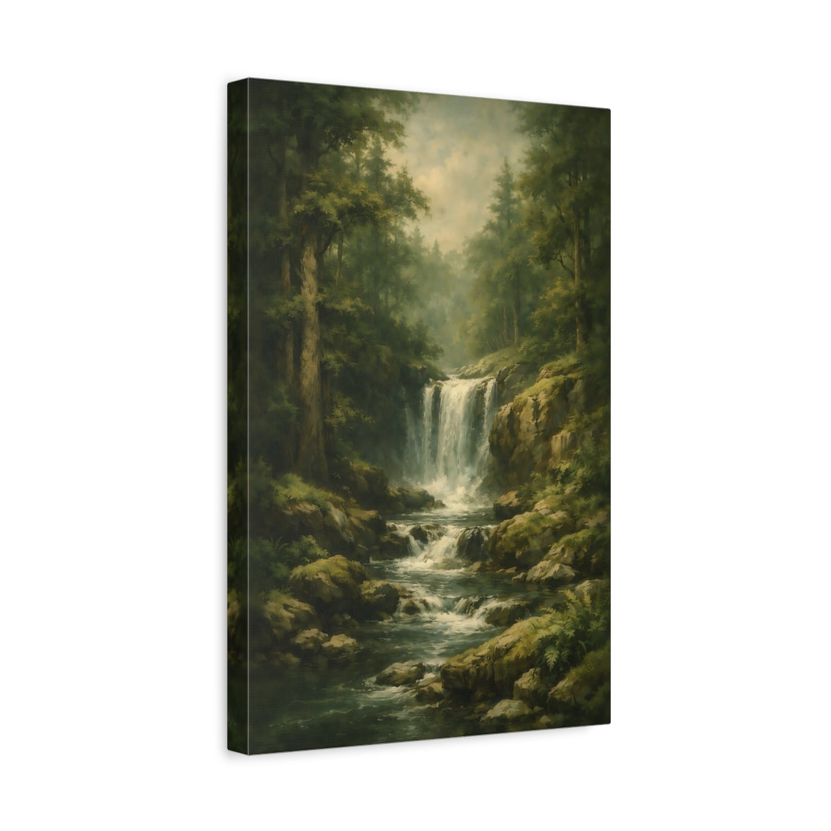 Side Mockup 4. Nature Waterfall Green Waterfall shown as stretched canvas wall art