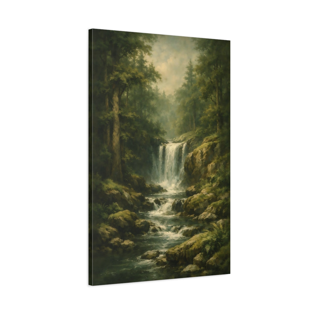 Side Mockup 1. Nature Waterfall Green Waterfall shown as stretched canvas wall art