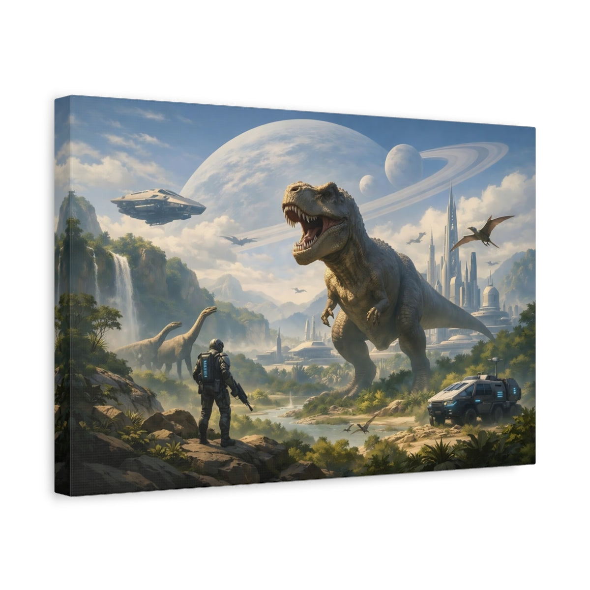 Science Fiction Dino World Tyrannosaurus Rex - Canvas Wall Art Print