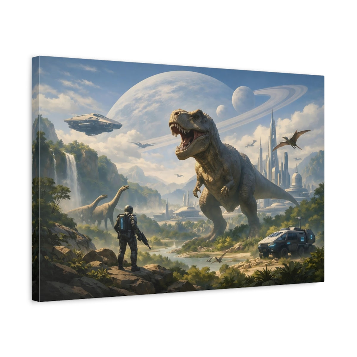 Science Fiction Dino World Tyrannosaurus Rex - Canvas Wall Art Print