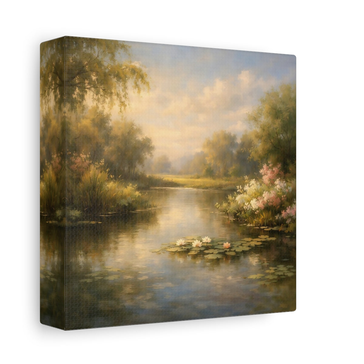 Side Mockup 1. Nature Water Lilies Golden Pond Landscape shown as stretched canvas wall art