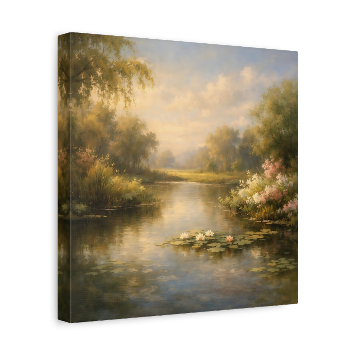 Side Mockup 8. Nature Water Lilies Golden Pond Landscape shown as stretched canvas wall art