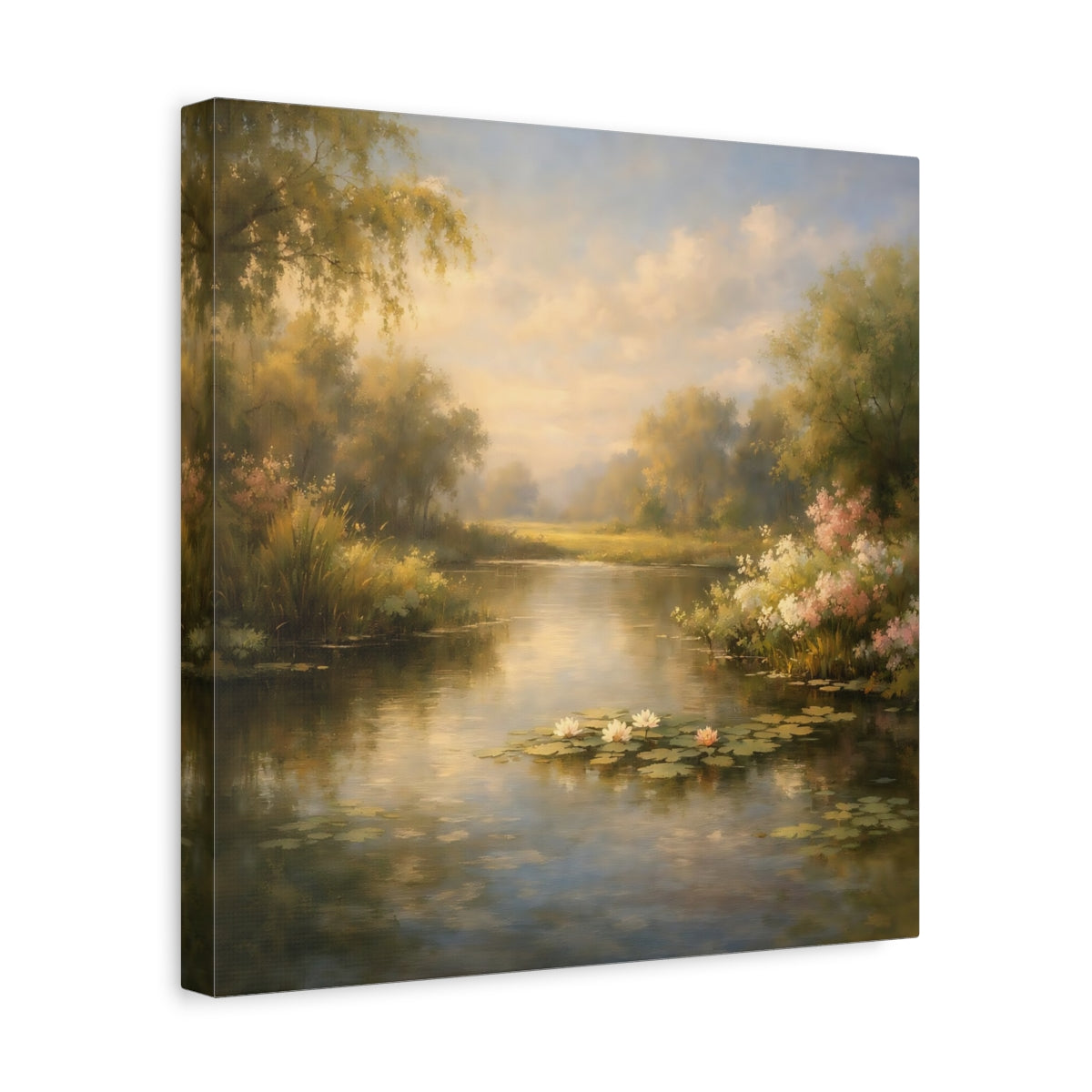 Side Mockup 7. Nature Water Lilies Golden Pond Landscape shown as stretched canvas wall art