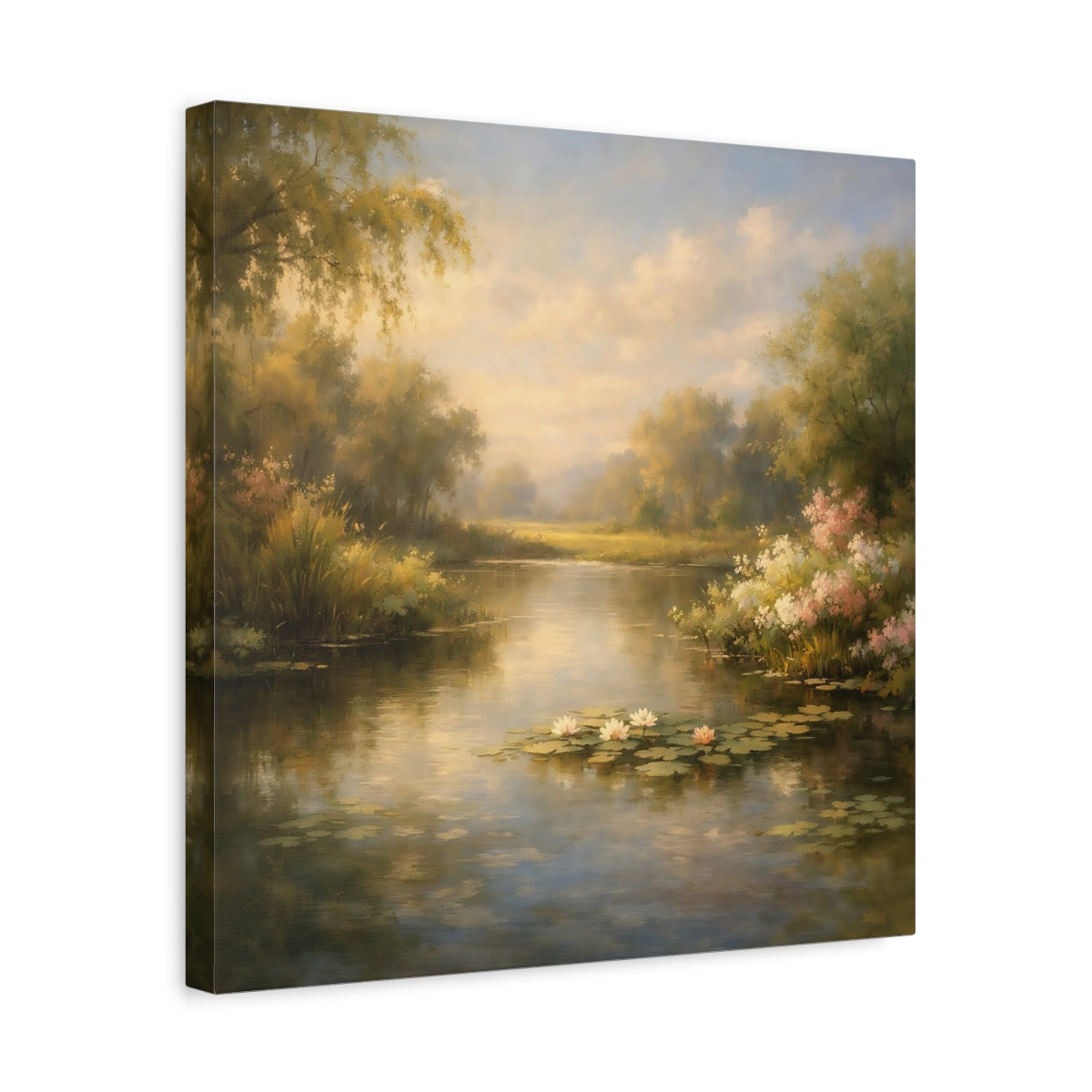Side Mockup 6. Nature Water Lilies Golden Pond Landscape shown as stretched canvas wall art