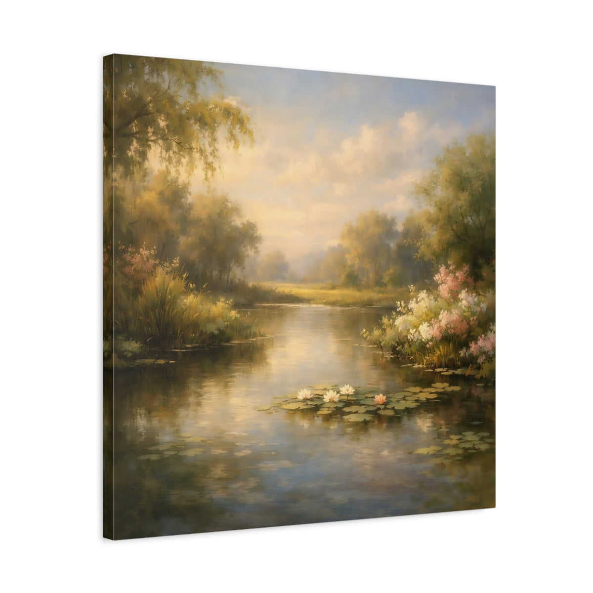 Side Mockup 4. Nature Water Lilies Golden Pond Landscape shown as stretched canvas wall art