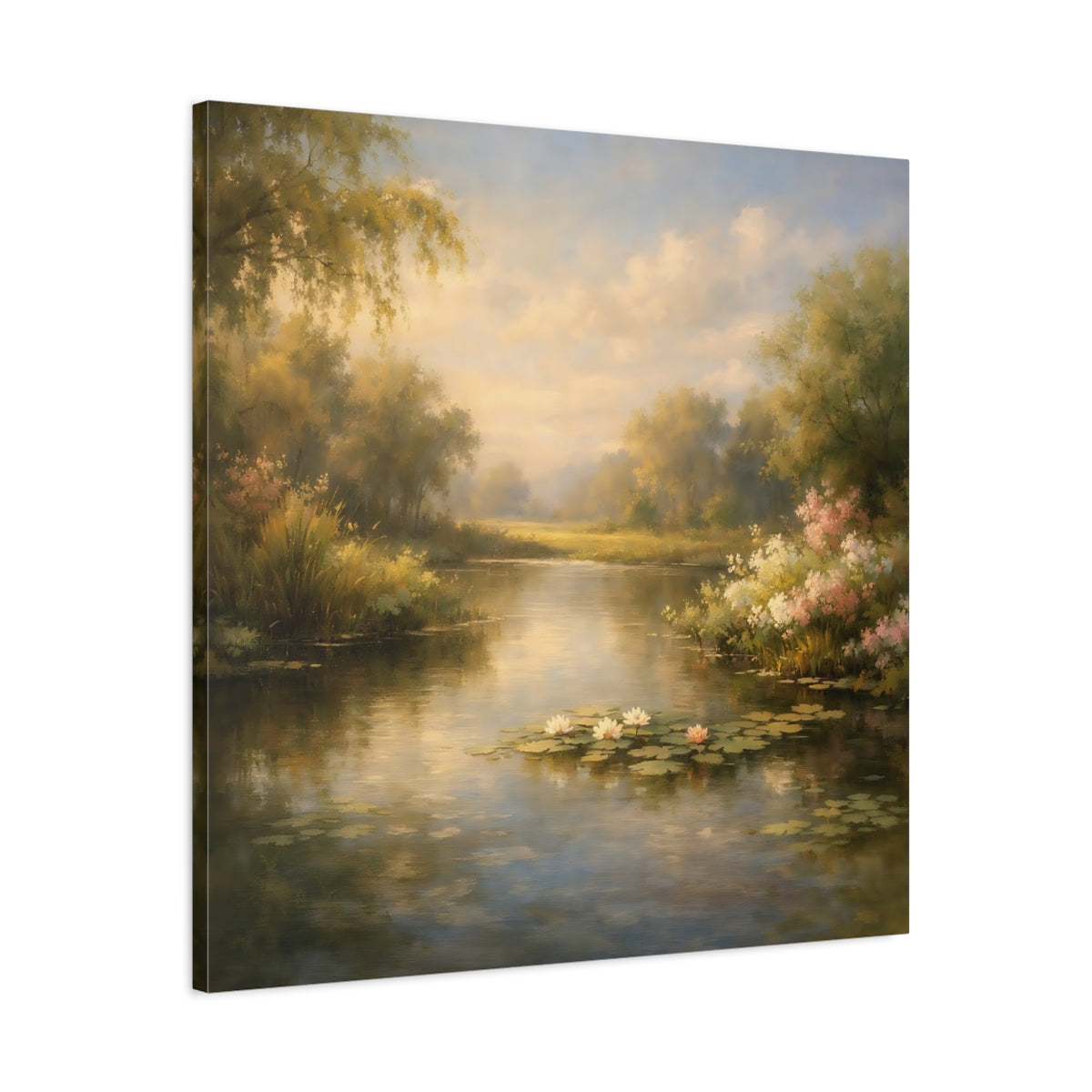 Side Mockup 3. Nature Water Lilies Golden Pond Landscape shown as stretched canvas wall art