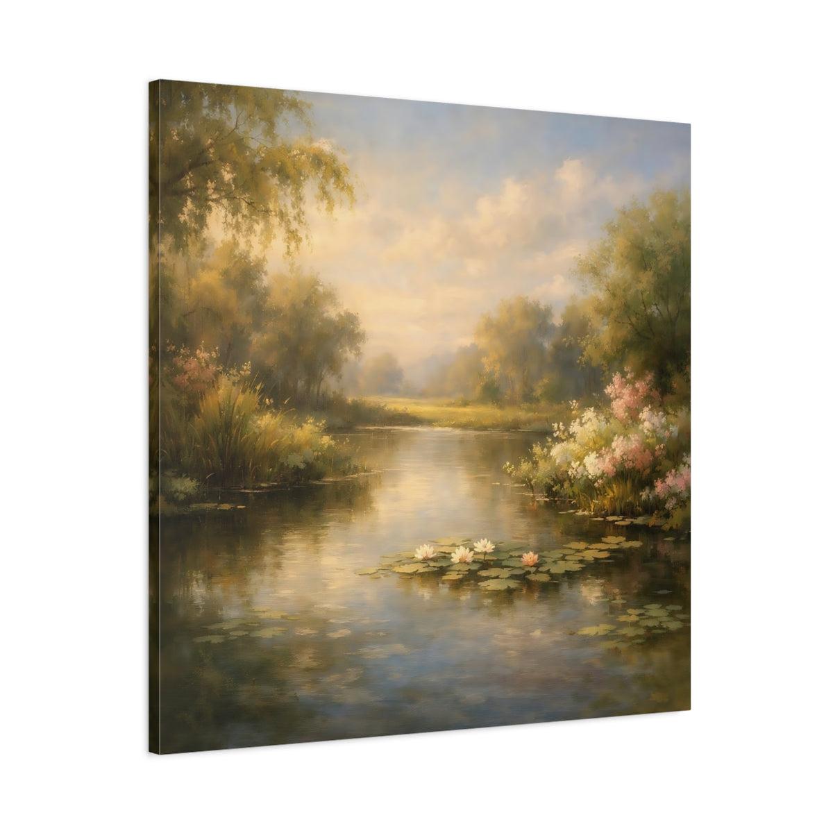 Side Mockup 2. Nature Water Lilies Golden Pond Landscape shown as stretched canvas wall art