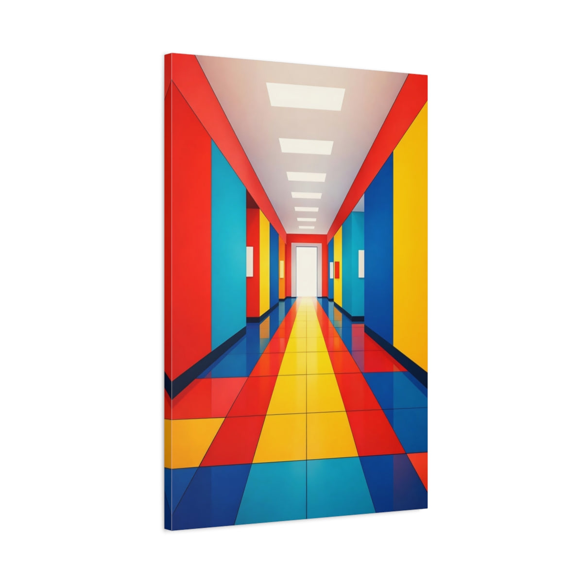 Side Mockup 1. Abstract Colorful Hallway Red Yellow Blue shown as stretched canvas wall art