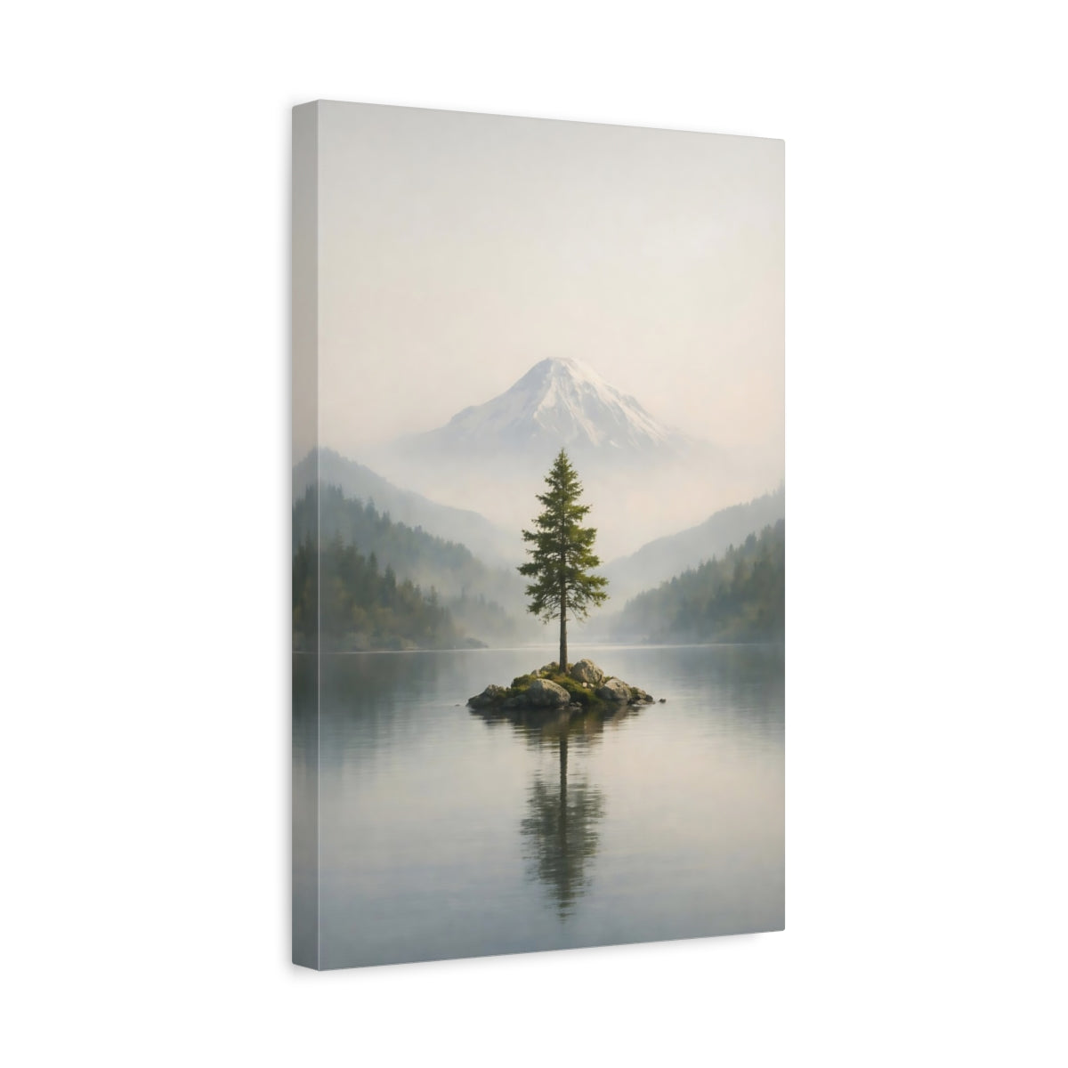 Side Mockup 4. Nature Pine Tree Green And Gray Landscape shown as stretched canvas wall art