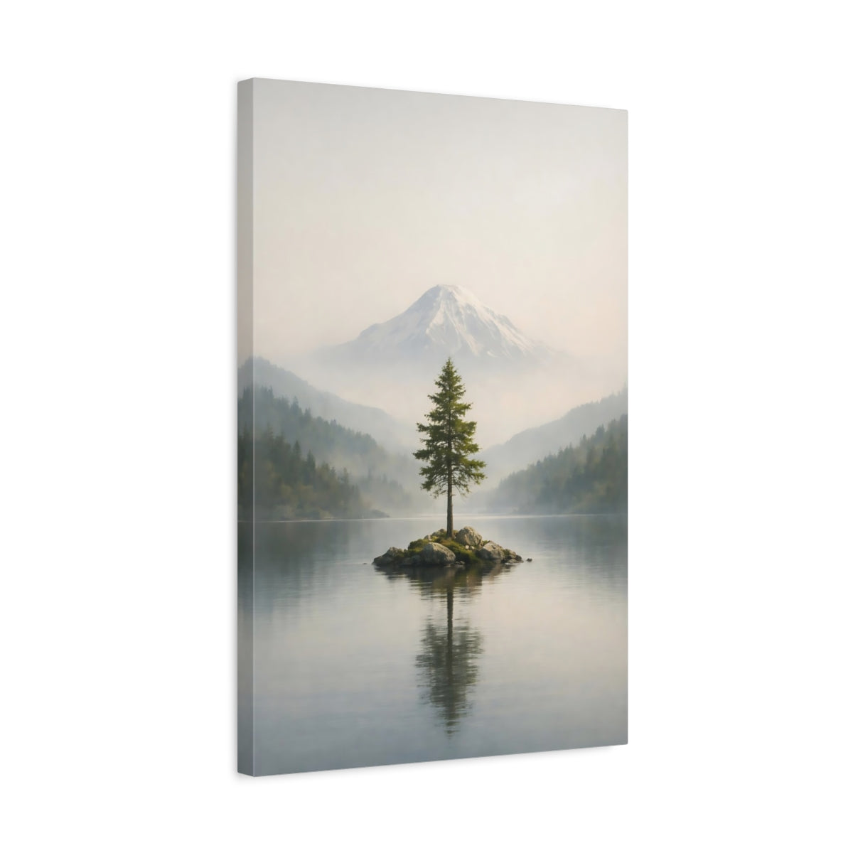 Side Mockup 3. Nature Pine Tree Green And Gray Landscape shown as stretched canvas wall art