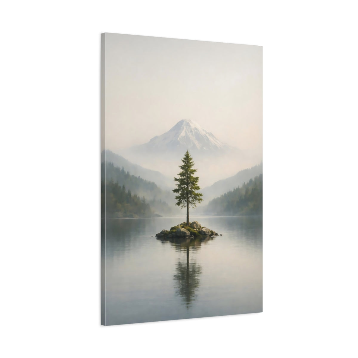 Side Mockup 1. Nature Pine Tree Green And Gray Landscape shown as stretched canvas wall art