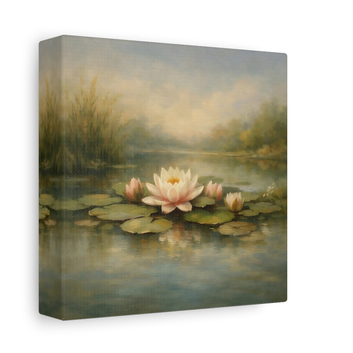 Side Mockup 1. Nature Water Lilies Water Lilies Pond shown as stretched canvas wall art