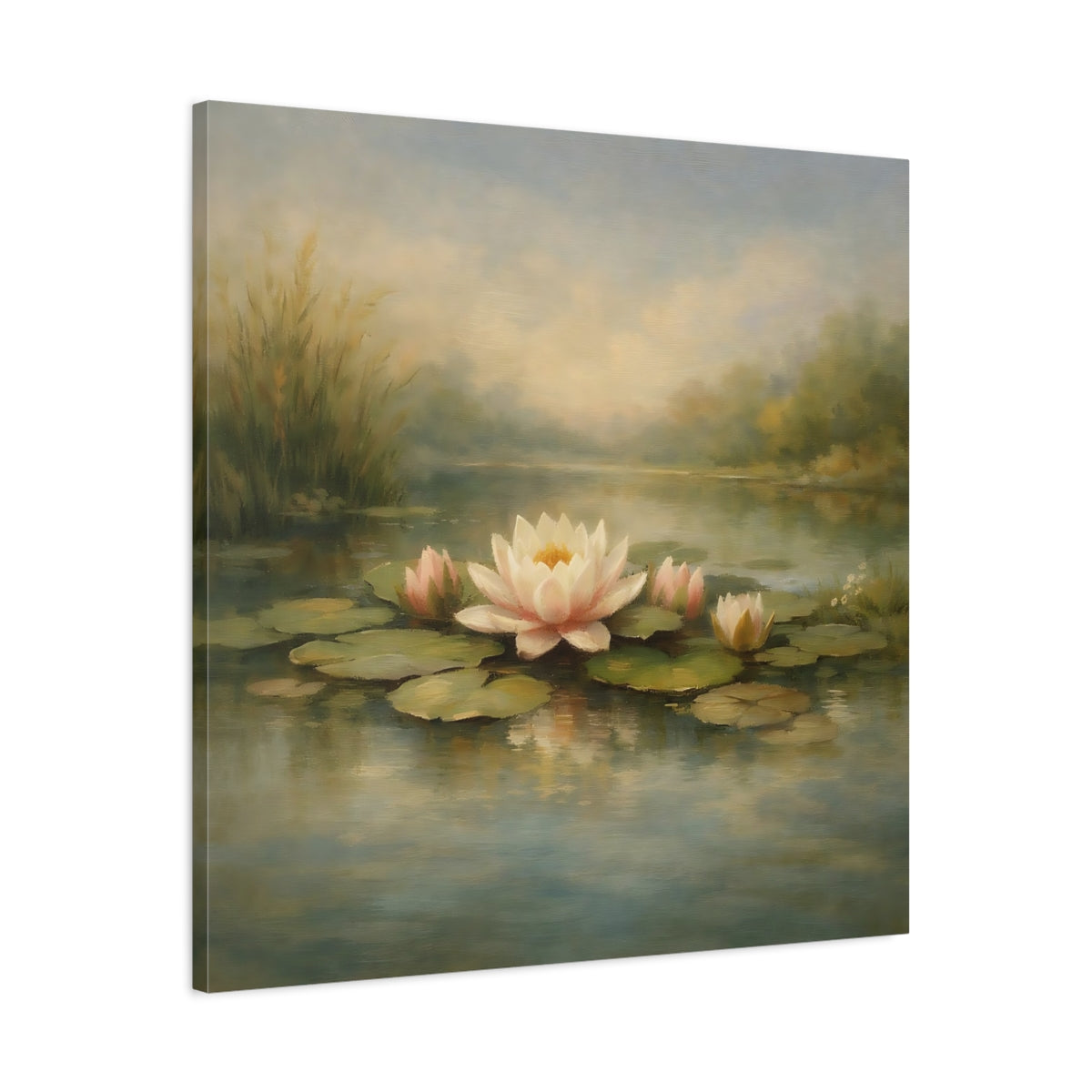 Side Mockup 3. Nature Water Lilies Water Lilies Pond shown as stretched canvas wall art
