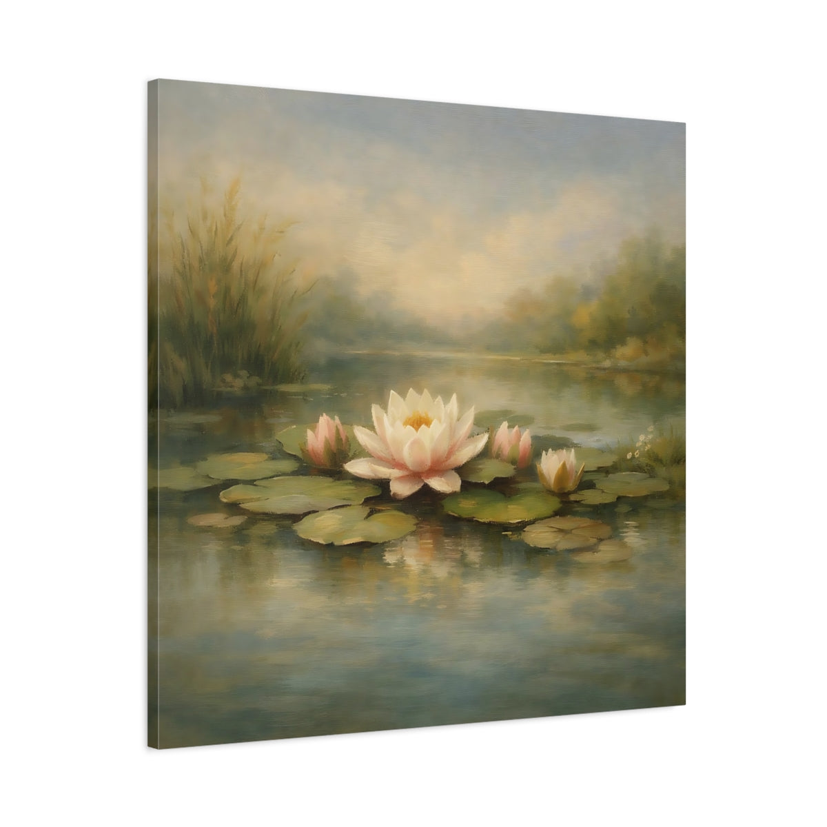 Side Mockup 2. Nature Water Lilies Water Lilies Pond shown as stretched canvas wall art