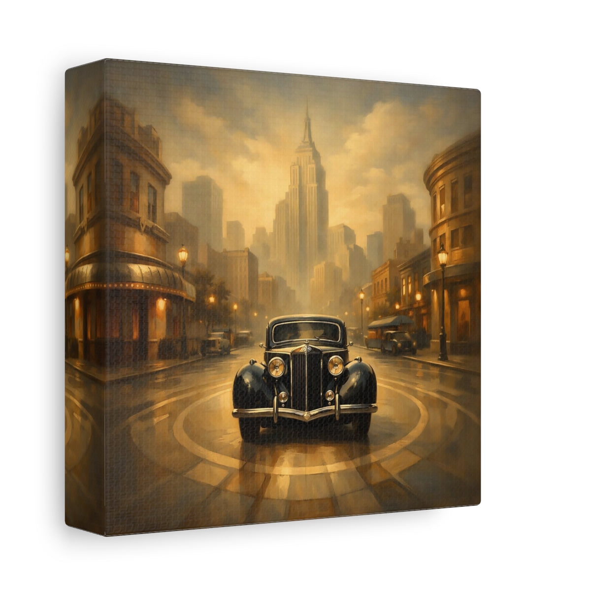 Side Mockup 1. Vintage Vintage Car Vintage Car City shown as stretched canvas wall art