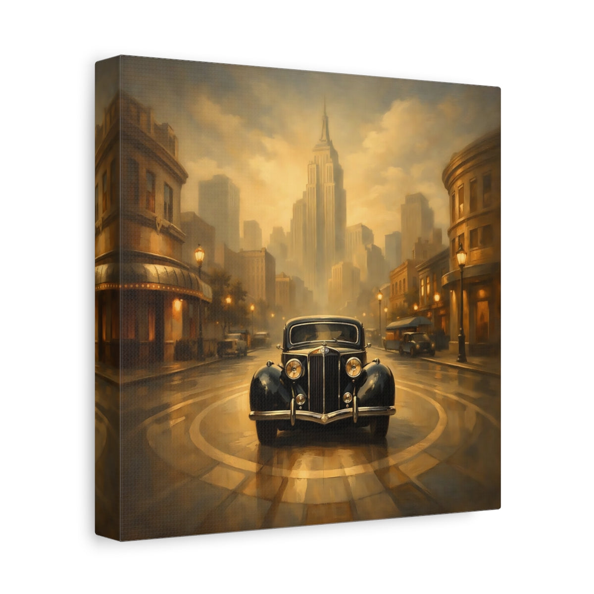 Side Mockup 9. Vintage Vintage Car Vintage Car City shown as stretched canvas wall art