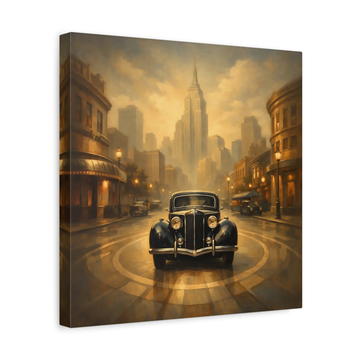 Side Mockup 7. Vintage Vintage Car Vintage Car City shown as stretched canvas wall art
