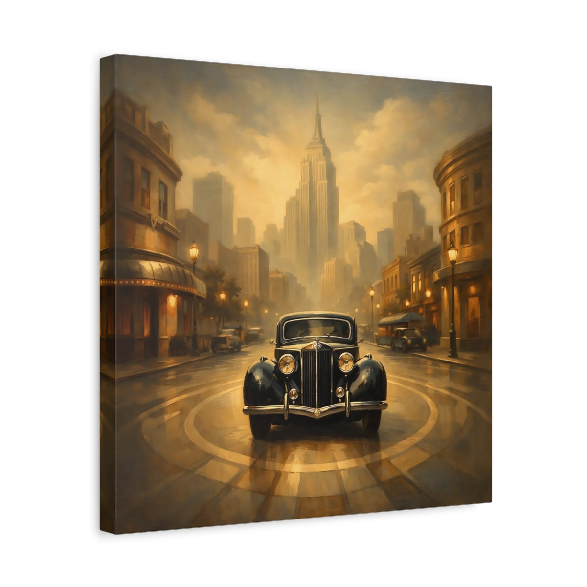 Side Mockup 6. Vintage Vintage Car Vintage Car City shown as stretched canvas wall art