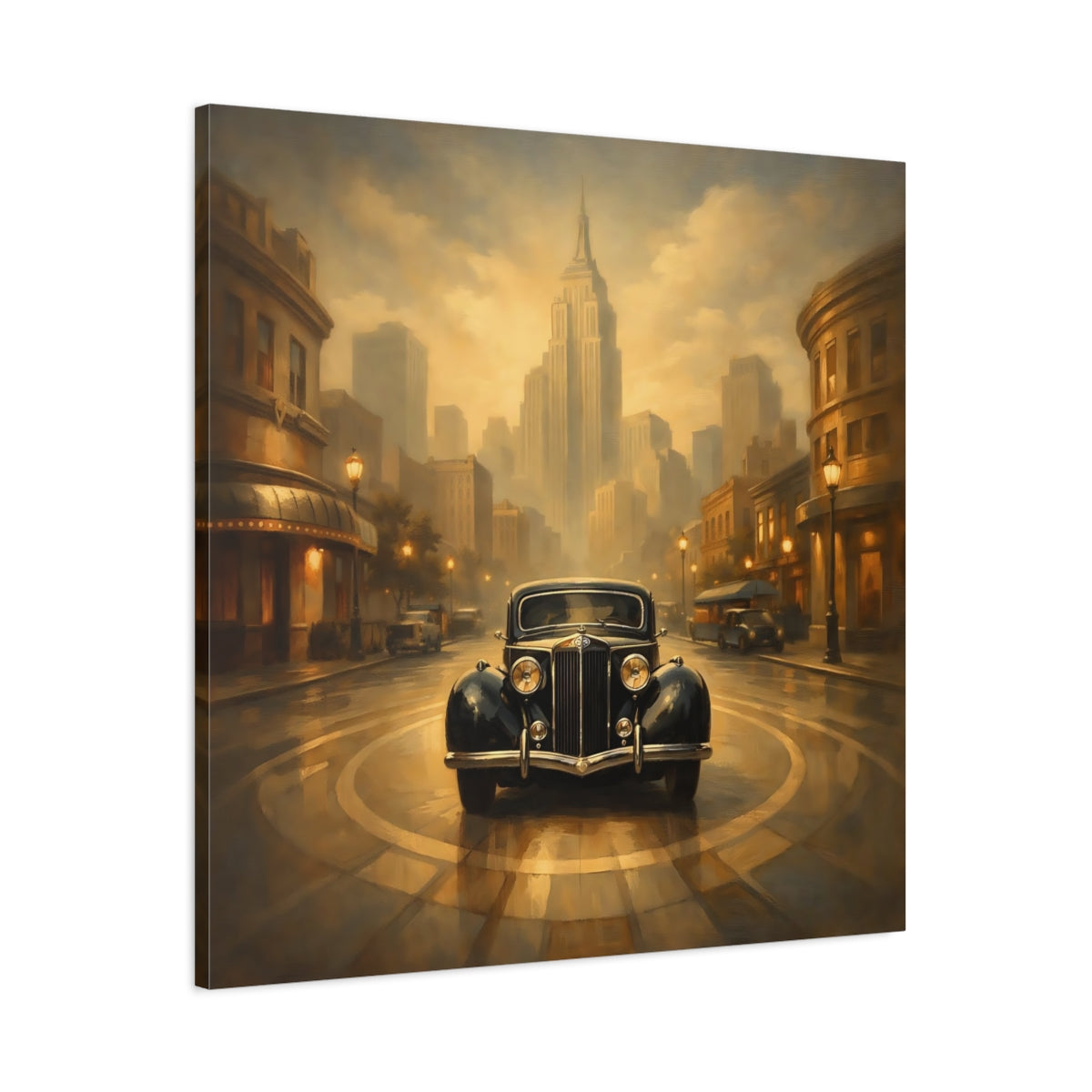 Side Mockup 2. Vintage Vintage Car Vintage Car City shown as stretched canvas wall art