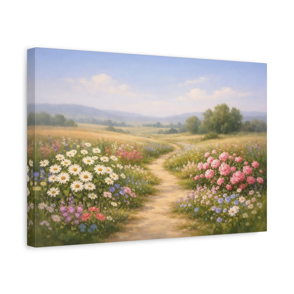 Side Mockup 4. Floral Countryside Path shown as stretched canvas wall art