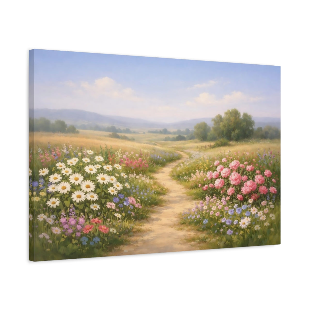 Side Mockup 2. Floral Countryside Path shown as stretched canvas wall art