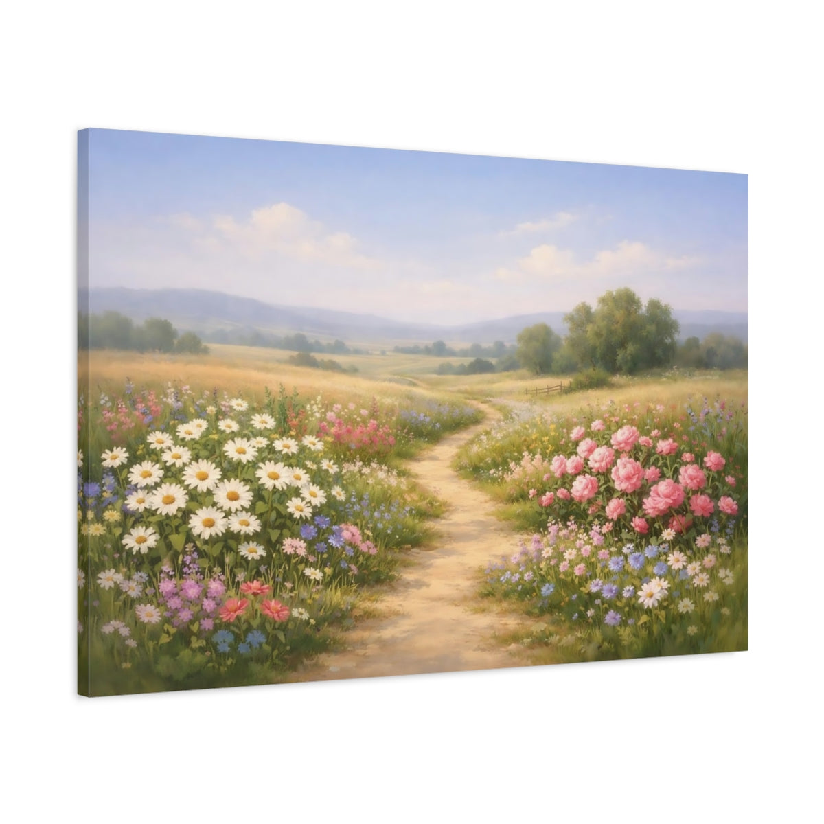 Side Mockup 1. Floral Countryside Path shown as stretched canvas wall art