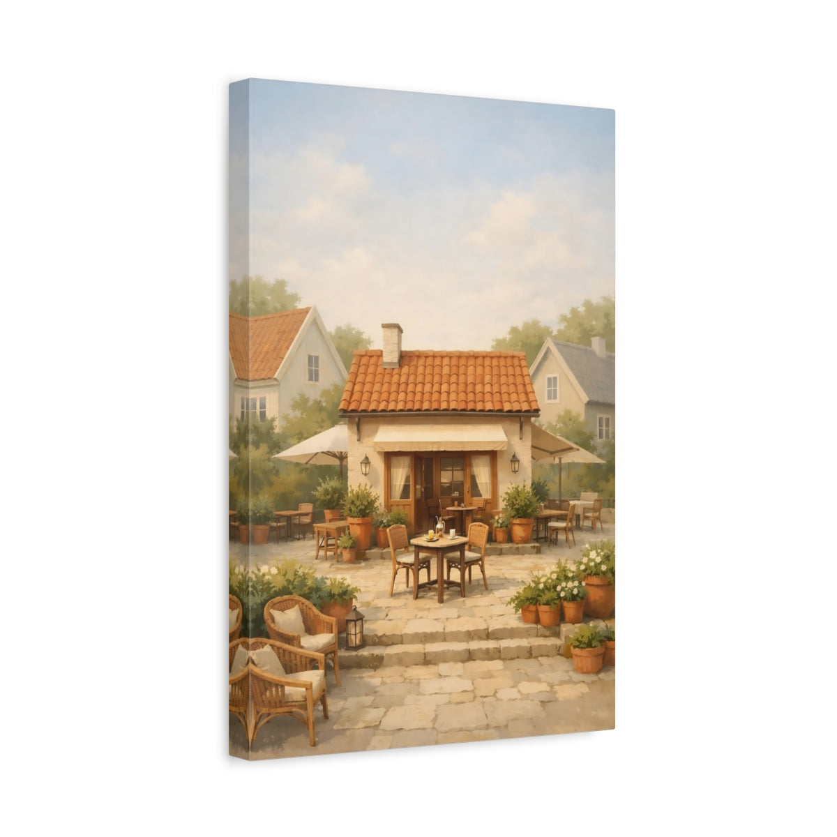Side Mockup 4. Vintage Cafe Patio Rustic Cafe Scene shown as stretched canvas wall art