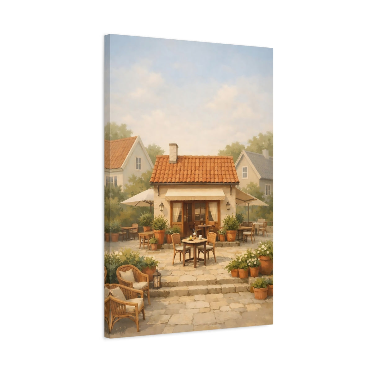 Side Mockup 2. Vintage Cafe Patio Rustic Cafe Scene shown as stretched canvas wall art