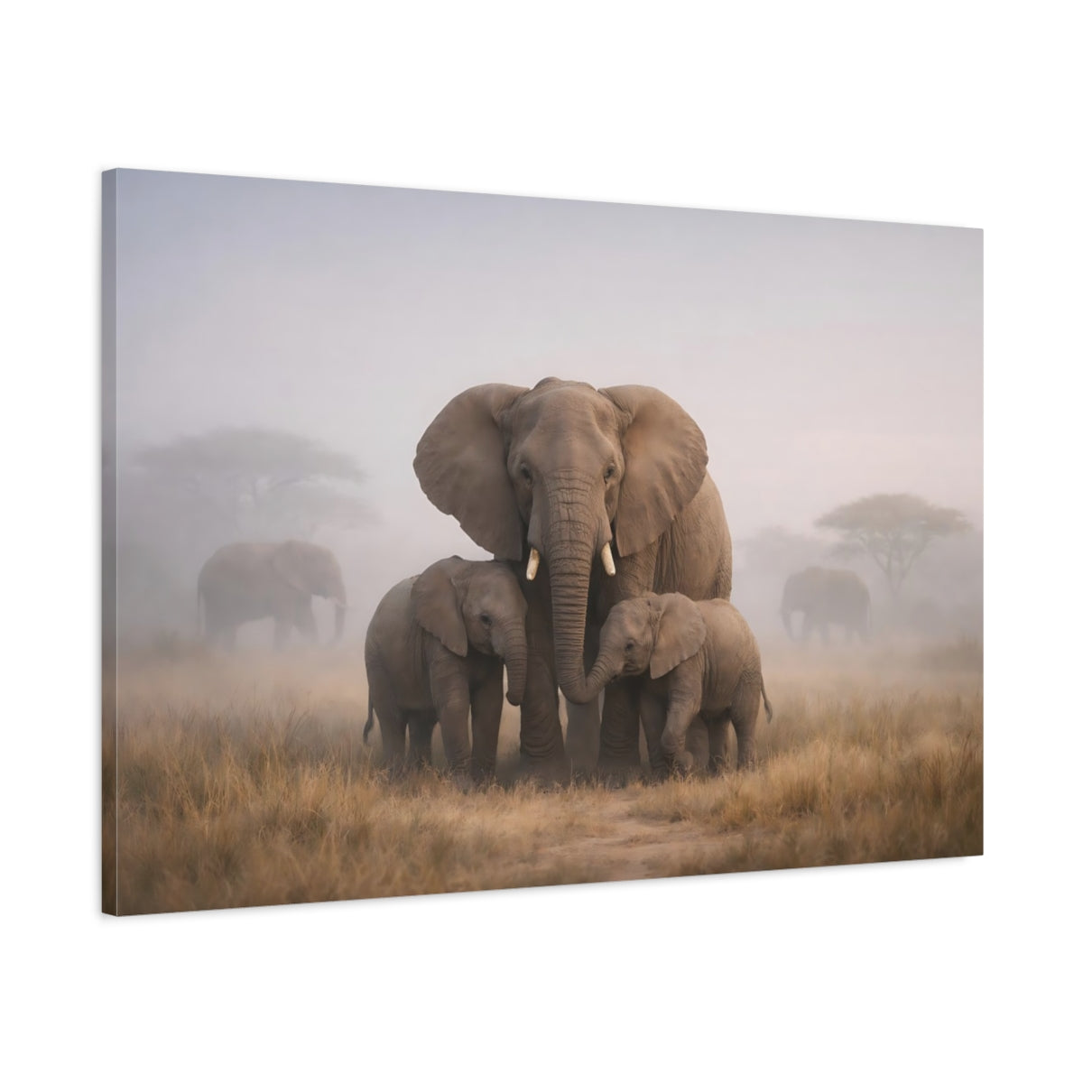 Mist Depth Elephant Family Animals - Canvas Wall Art Print