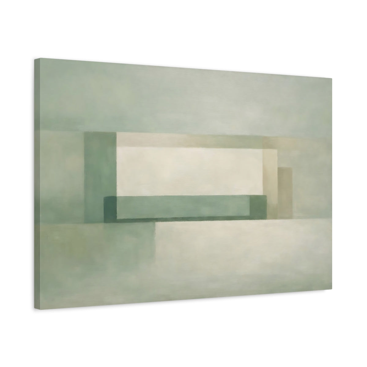 Side Mockup 2. Abstract Geometric Shapes Muted Green shown as stretched canvas wall art