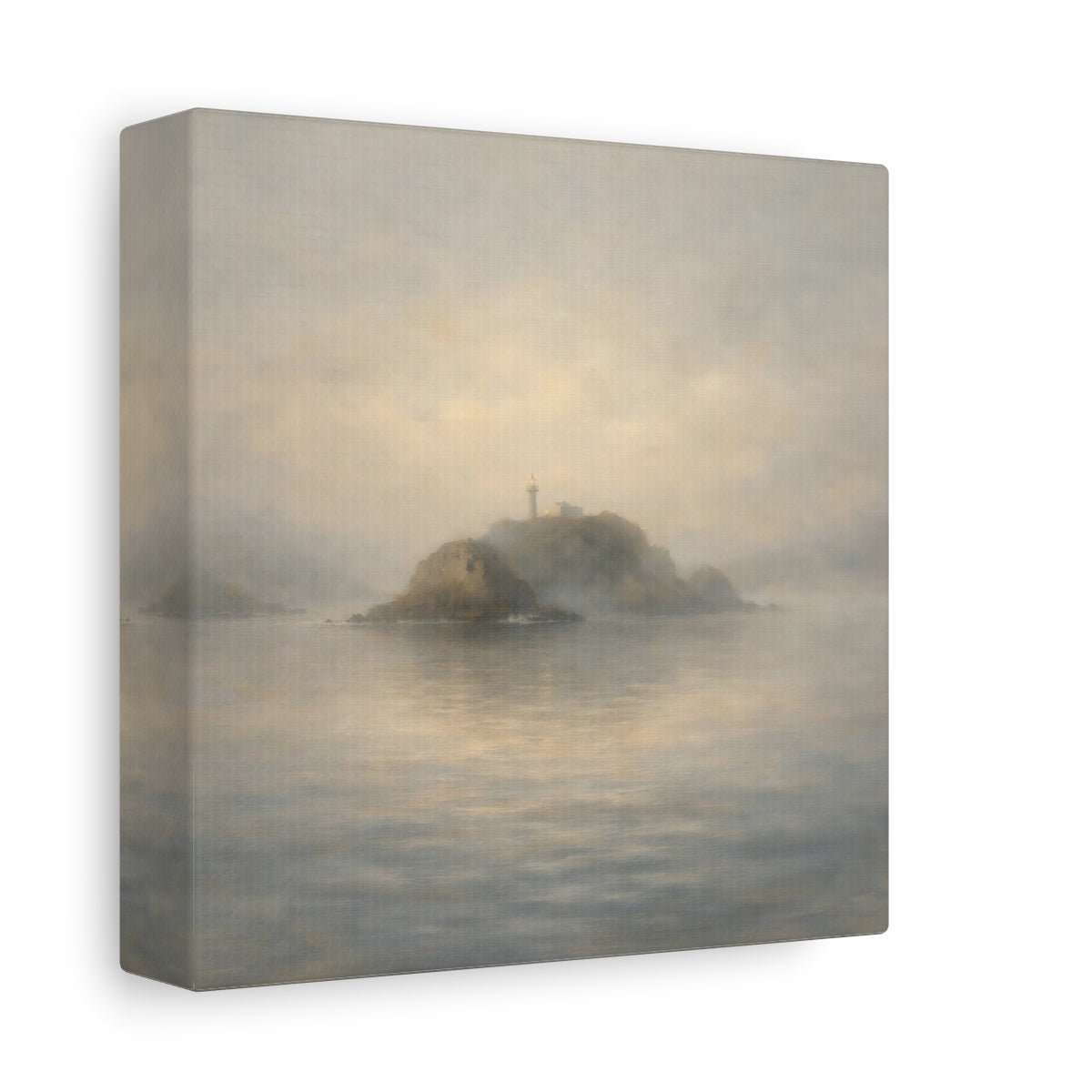 Side Mockup 1. Nature Lighthouse Misty Lighthouse Coastal shown as stretched canvas wall art