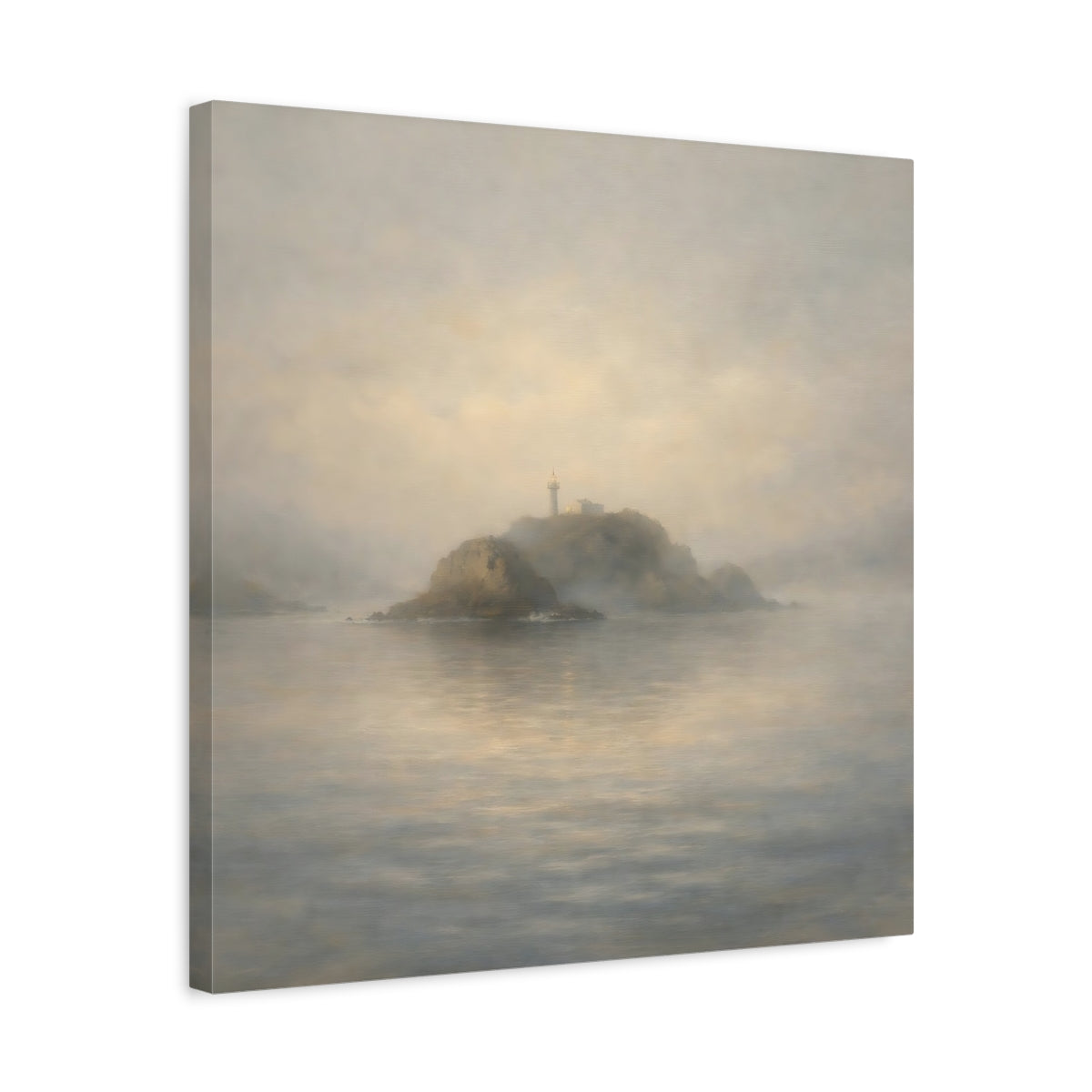 Side Mockup 5. Nature Lighthouse Misty Lighthouse Coastal shown as stretched canvas wall art