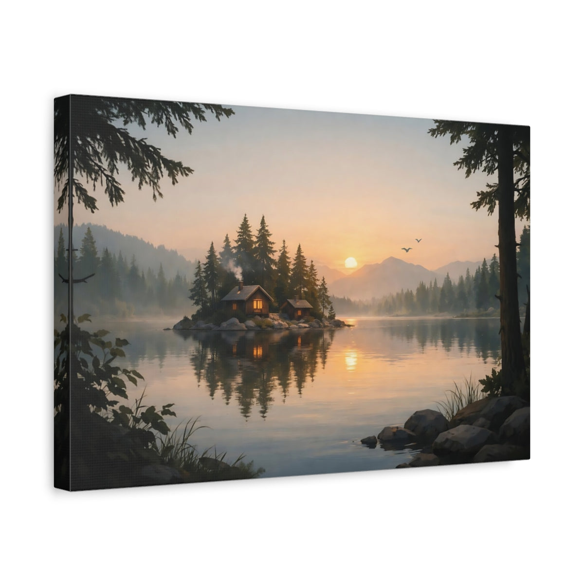 Forest Dramatic Lake Cabins Nature - Canvas Wall Art Print