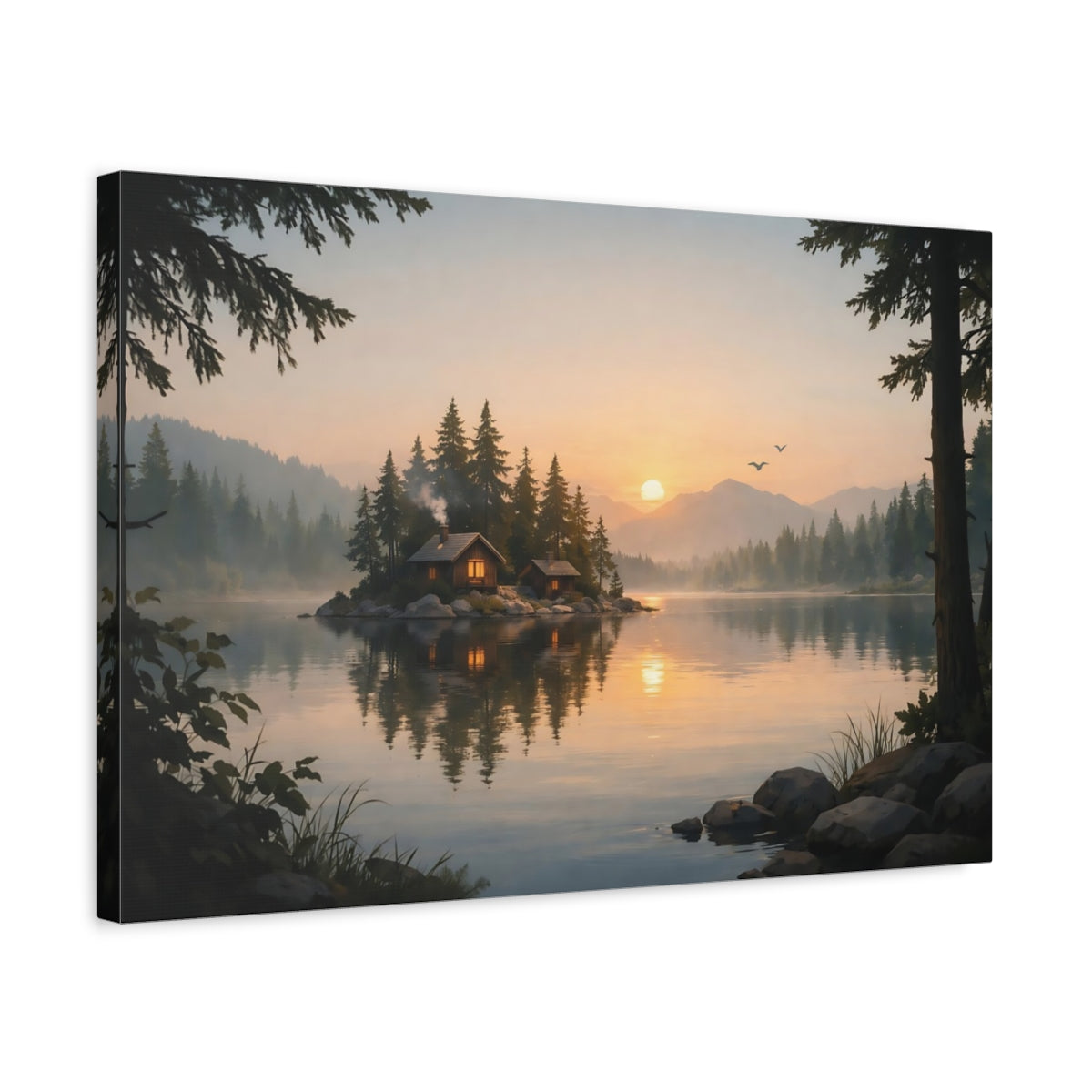 Forest Dramatic Lake Cabins Nature - Canvas Wall Art Print