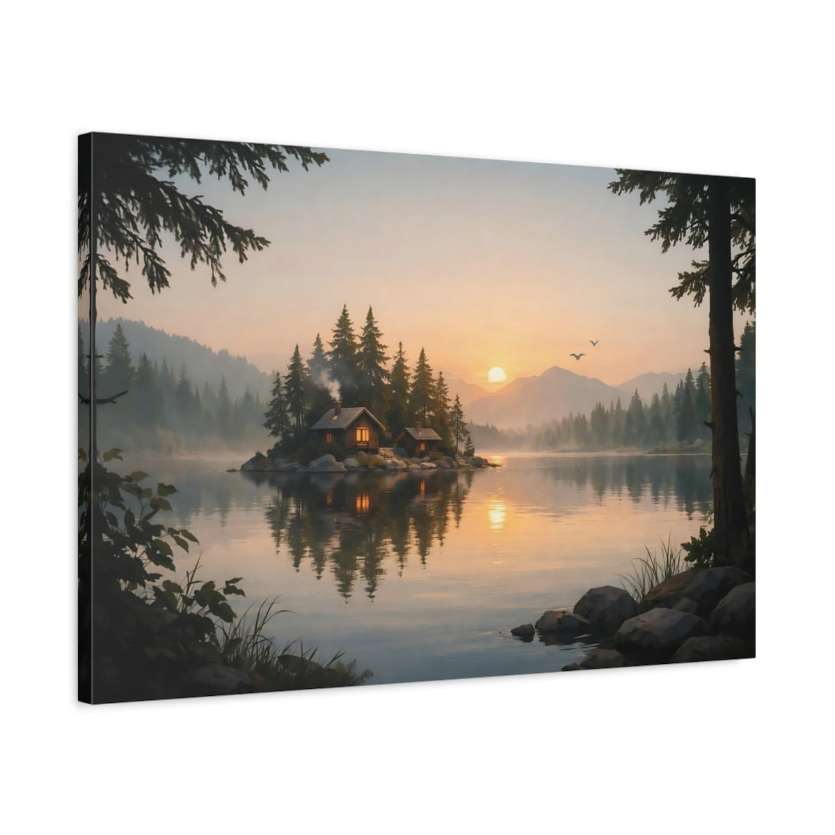 Forest Dramatic Lake Cabins Nature - Canvas Wall Art Print