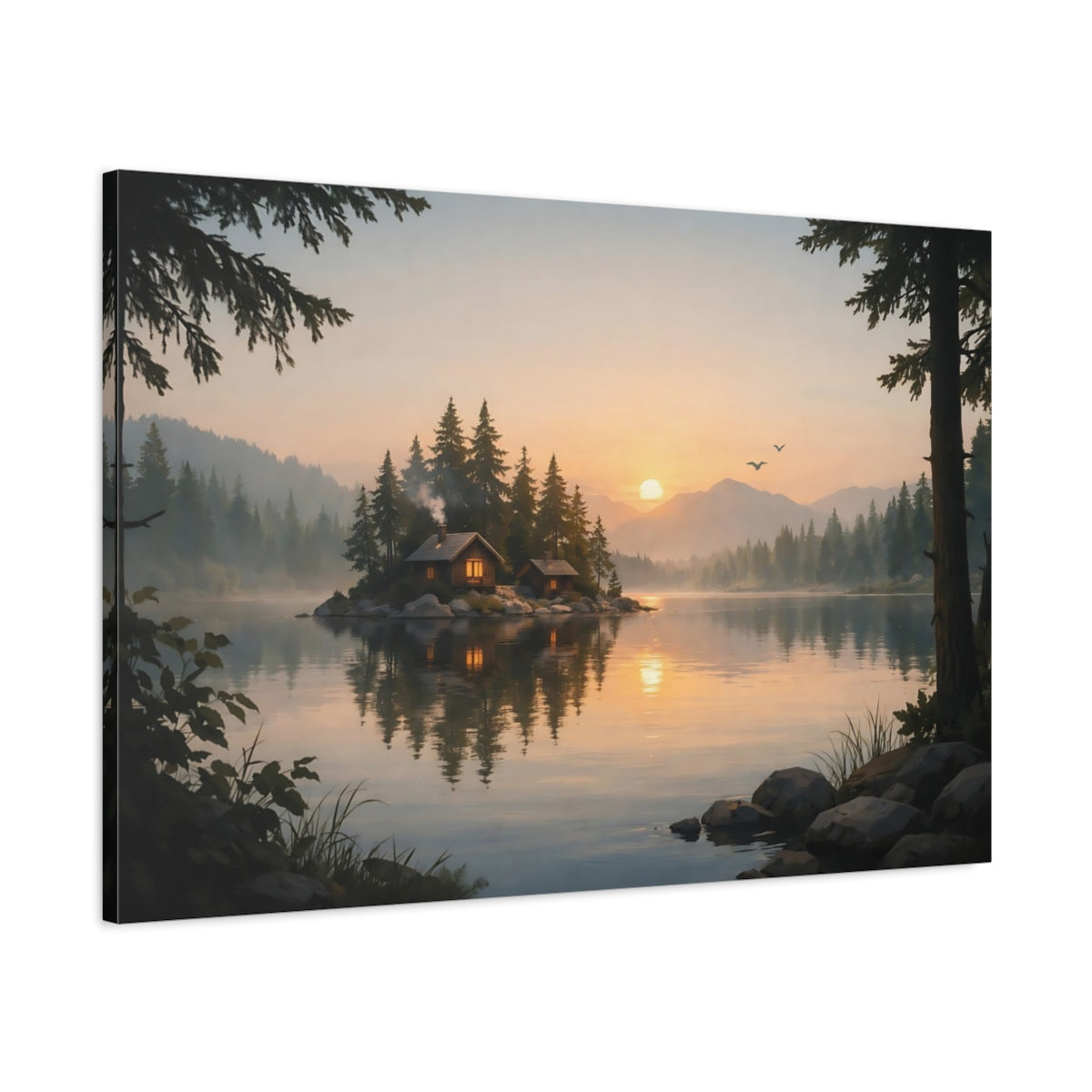 Forest Dramatic Lake Cabins Nature - Canvas Wall Art Print
