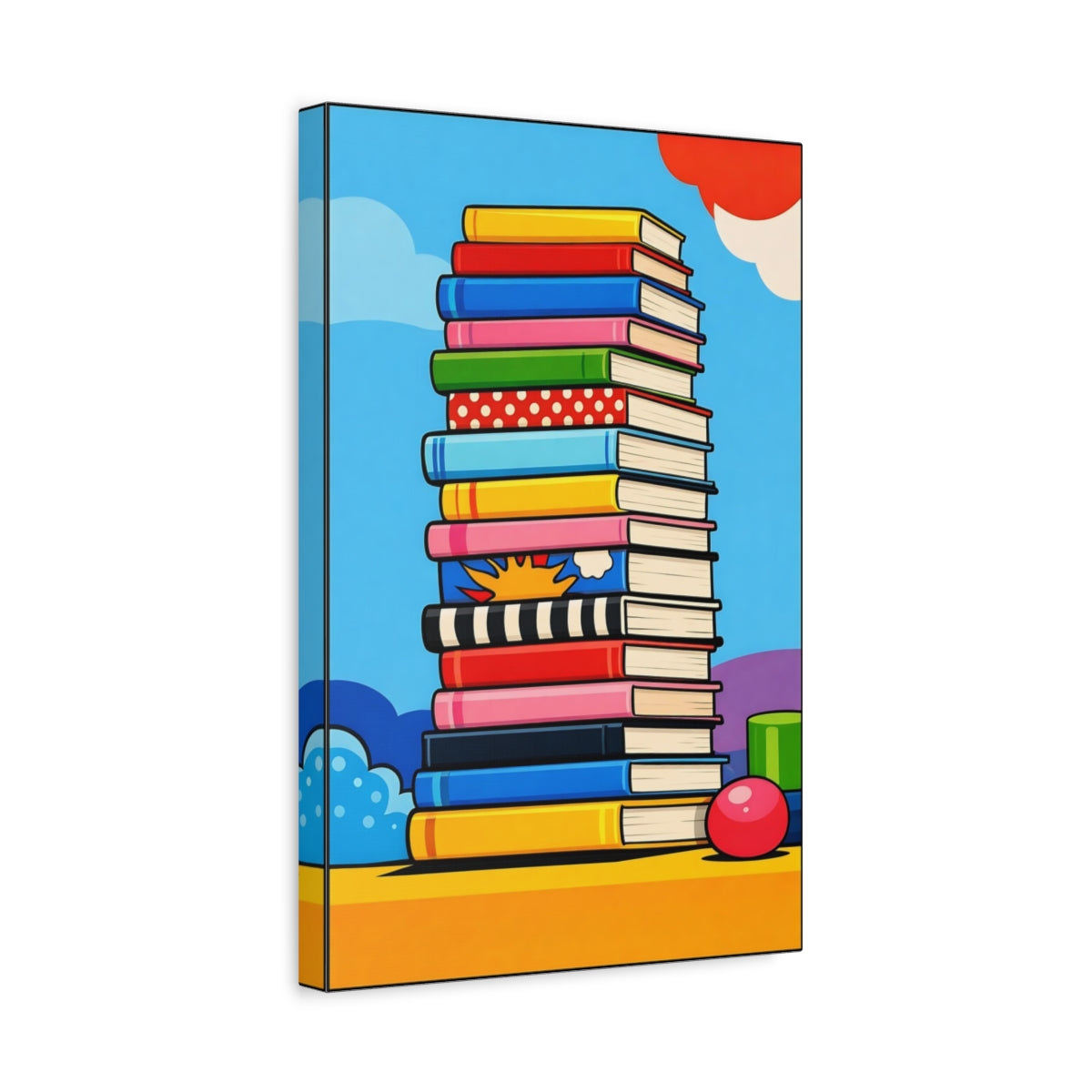 Side Mockup 4. Funny Books Colorful Books shown as stretched canvas wall art
