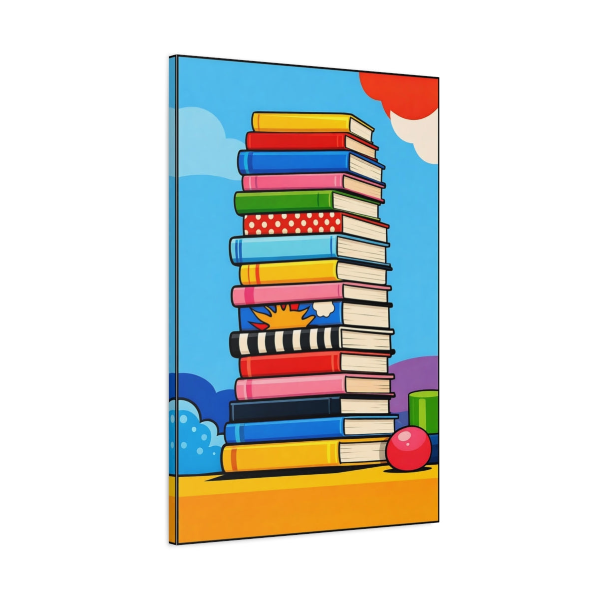 Side Mockup 1. Funny Books Colorful Books shown as stretched canvas wall art