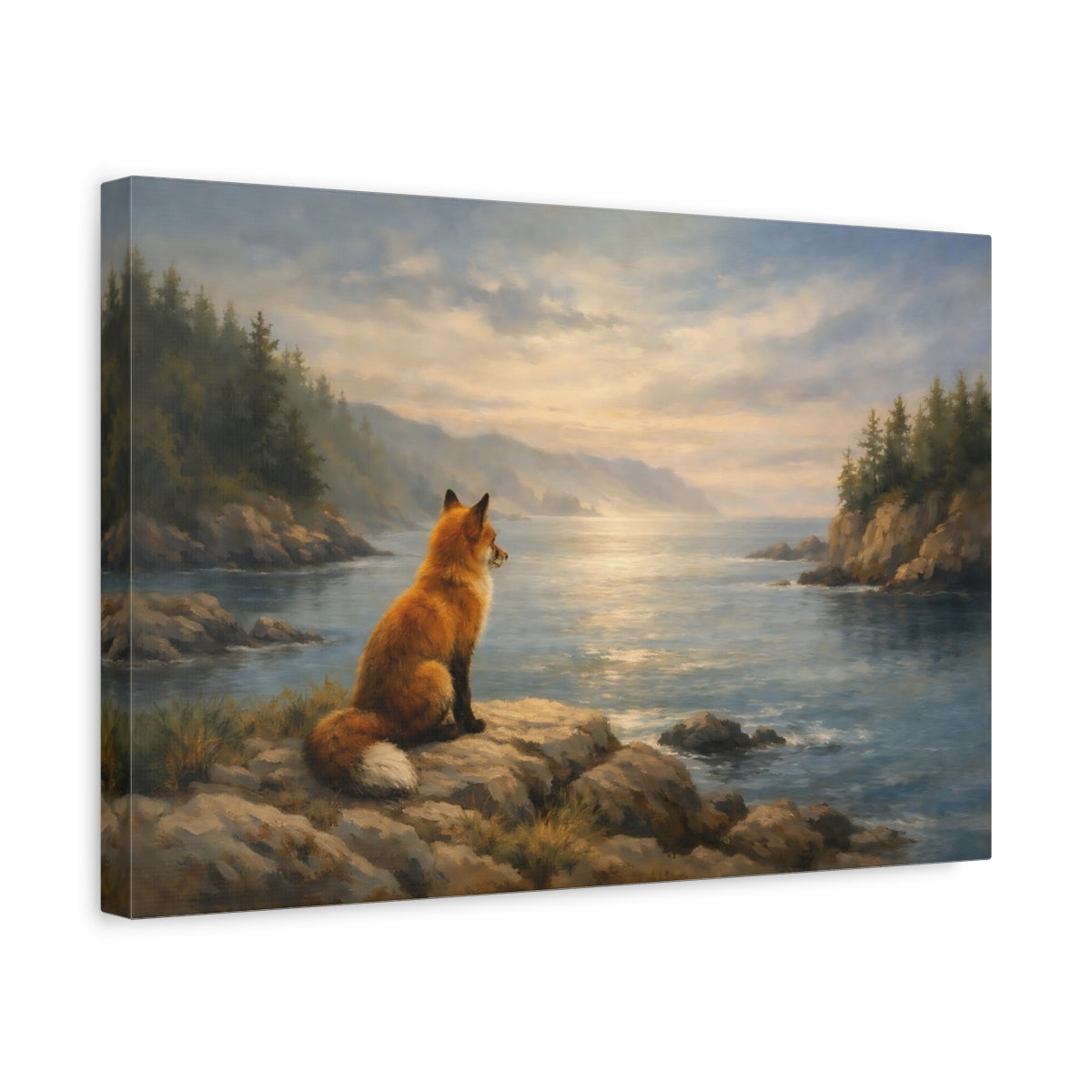 Side Mockup 4. Ocean Fox Forest Soft Scene shown as stretched canvas wall art