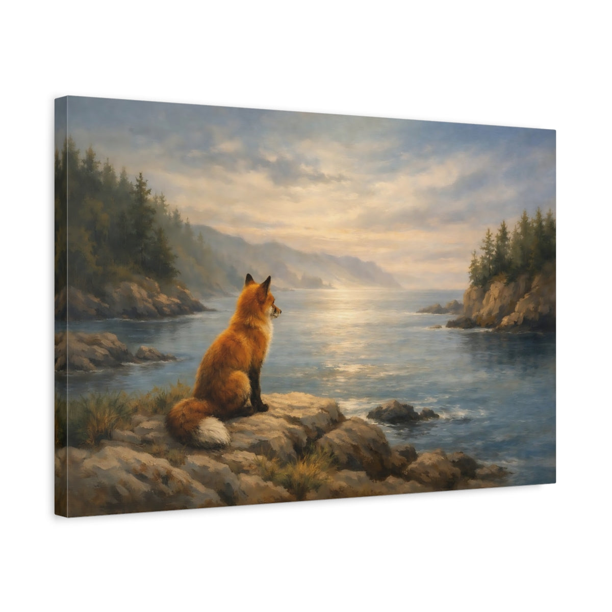 Side Mockup 3. Ocean Fox Forest Soft Scene shown as stretched canvas wall art