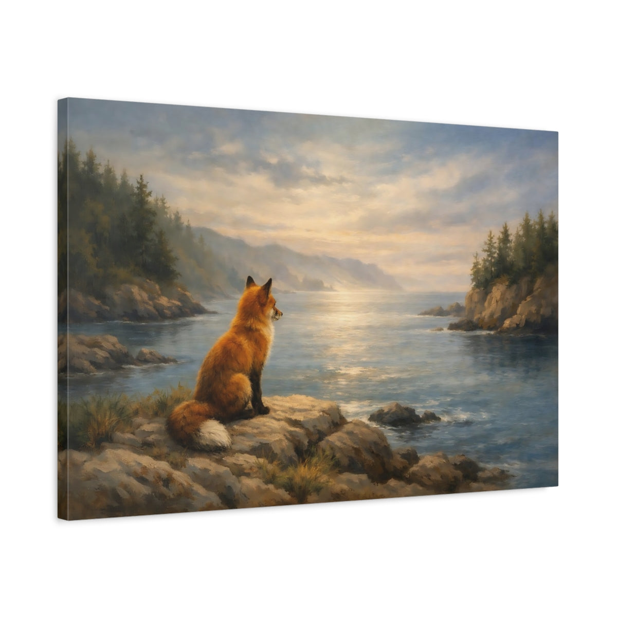 Side Mockup 2. Ocean Fox Forest Soft Scene shown as stretched canvas wall art