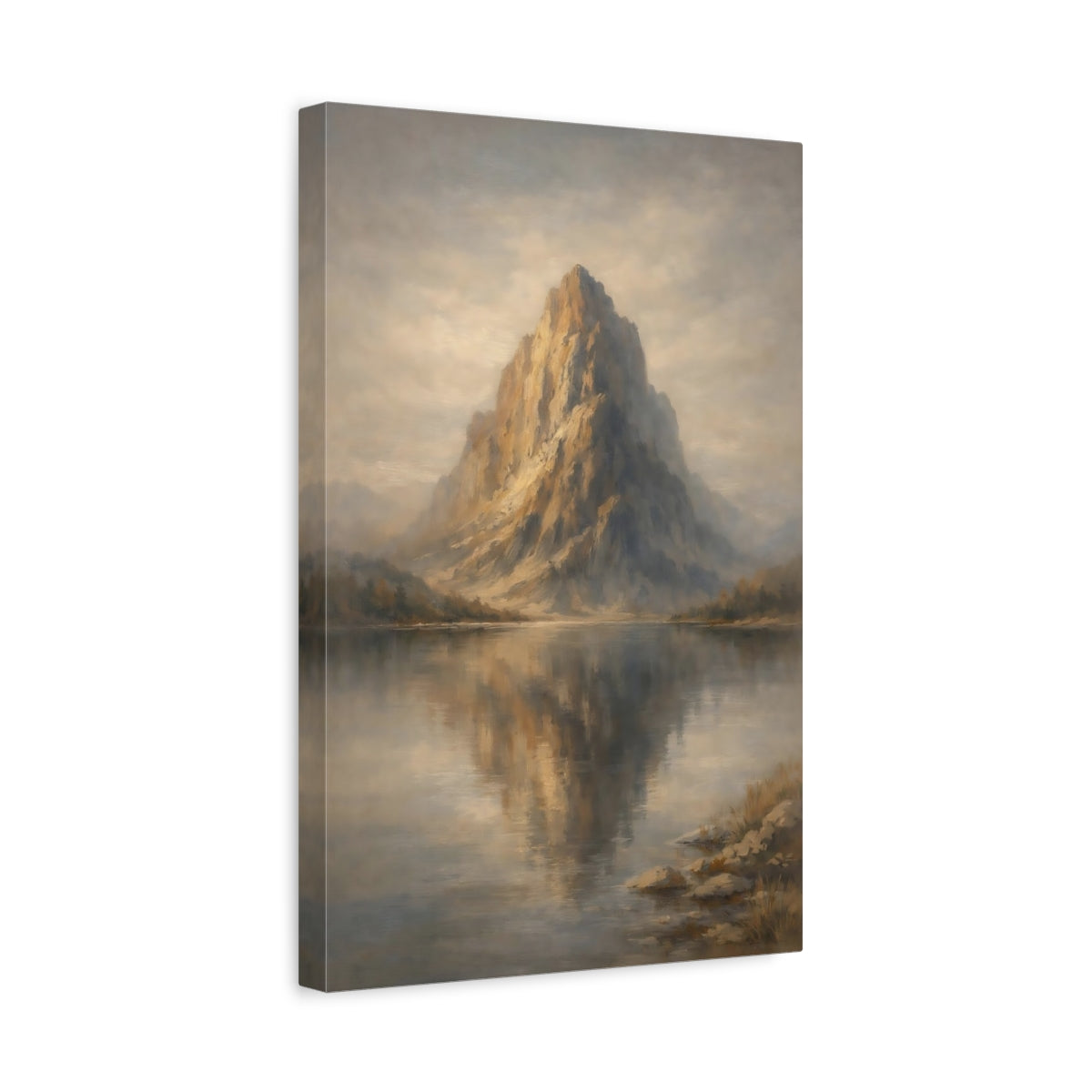 Side Mockup 4. Nature Mountain Lake Golden Mountain shown as stretched canvas wall art