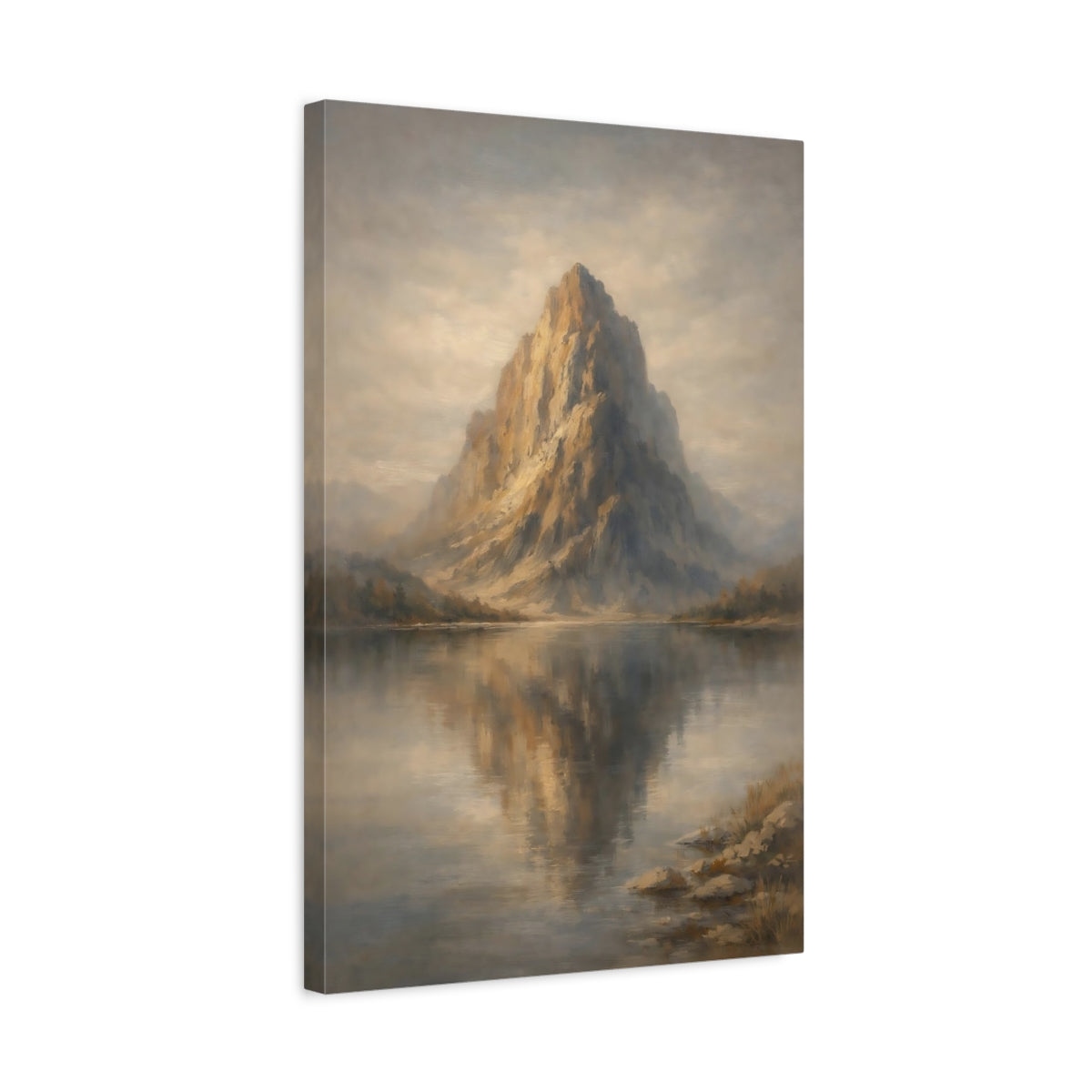 Side Mockup 3. Nature Mountain Lake Golden Mountain shown as stretched canvas wall art