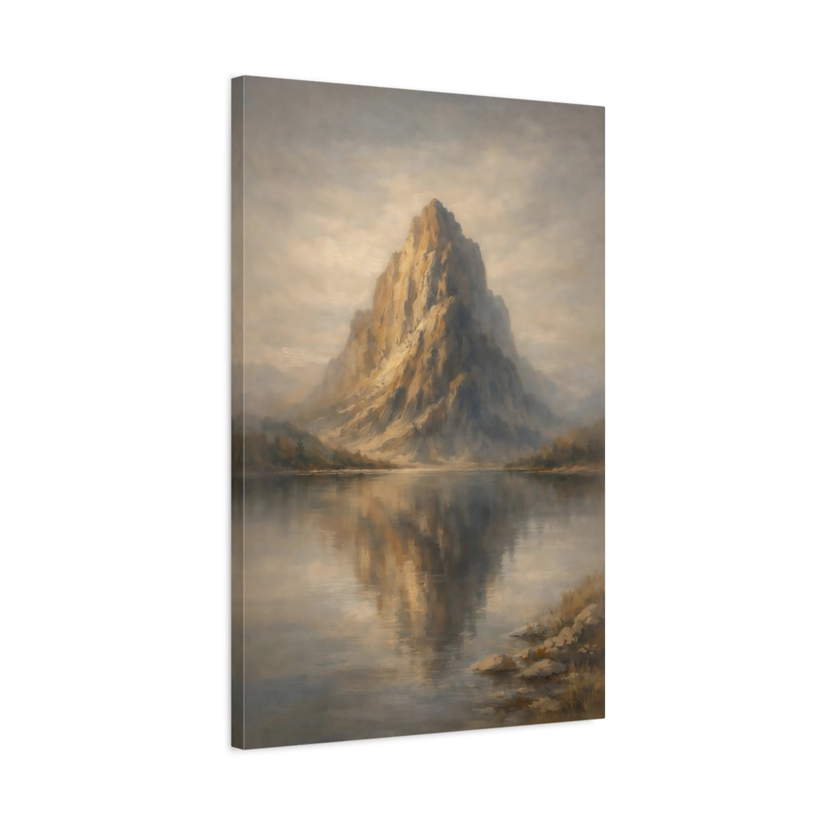 Side Mockup 2. Nature Mountain Lake Golden Mountain shown as stretched canvas wall art