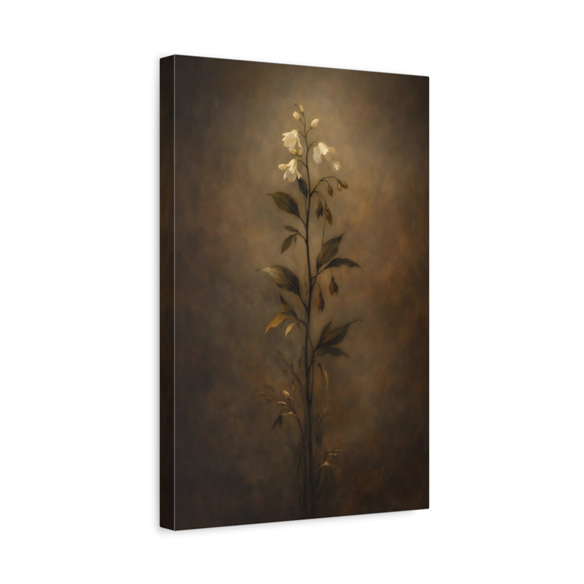 Side Mockup 4. Floral White Flowers Brown White Floral shown as stretched canvas wall art