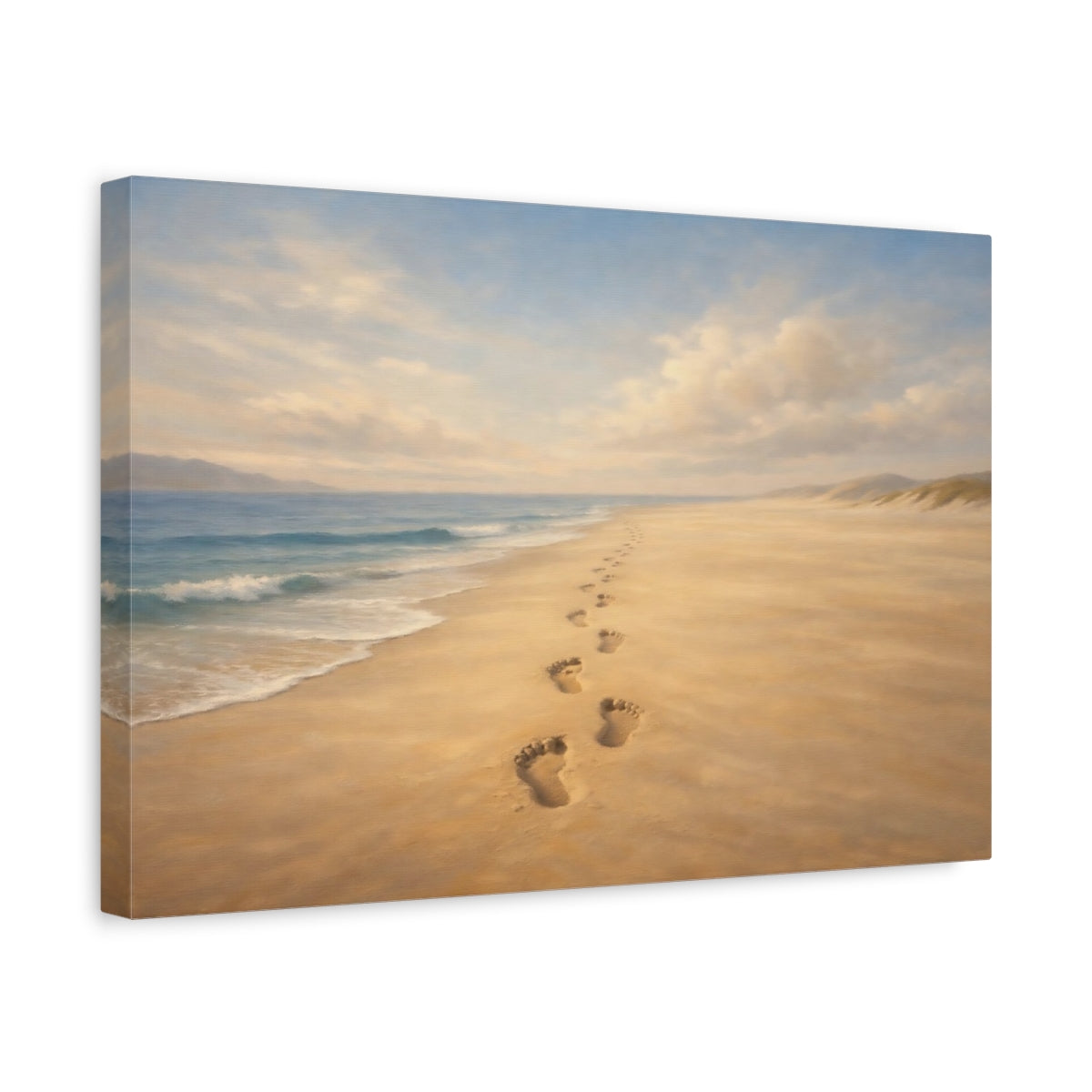 Side Mockup 4. Luxury Minimal Footprints In Sand Horizon Scene shown as stretched canvas wall art