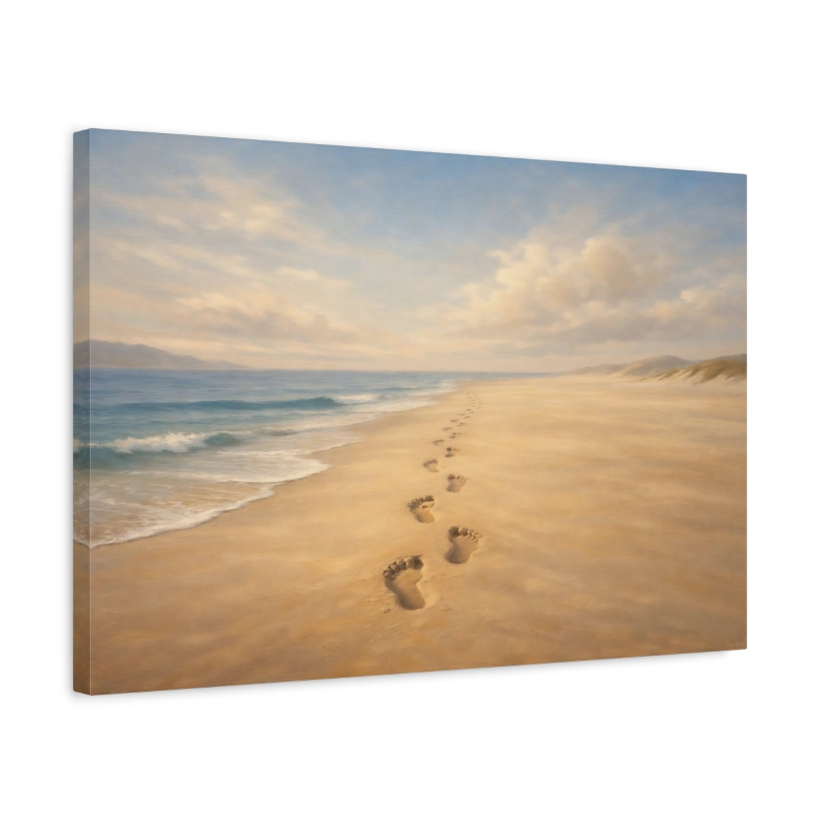 Side Mockup 3. Luxury Minimal Footprints In Sand Horizon Scene shown as stretched canvas wall art