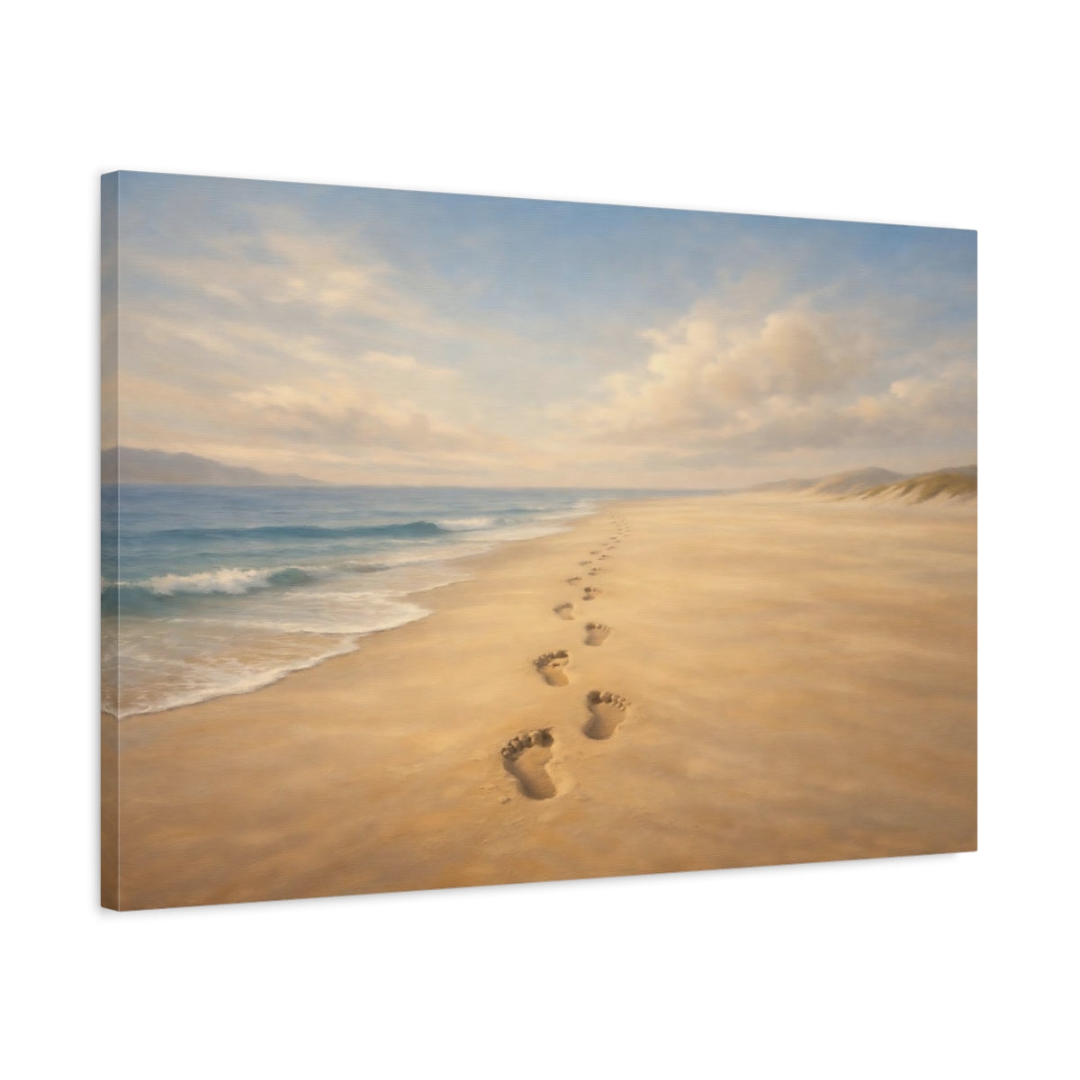 Side Mockup 2. Luxury Minimal Footprints In Sand Horizon Scene shown as stretched canvas wall art